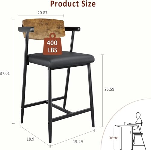 Image of GarveeHome Bar Stools Set of 8 with Arms, 26 inch Modern 8pcs Counter Height Metal Barstools Set with Wood Back & Footrest, Wider Seat, Sturdy Frame, for Counter Bar, Kitchen Island, Retro Brown