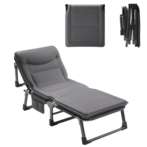 Cama Portatil Plegable Dormir con Colchón Estructura Metálica 4 Posiciones Ajustables con Bolsillos Laterales para Oficina Camping Interior