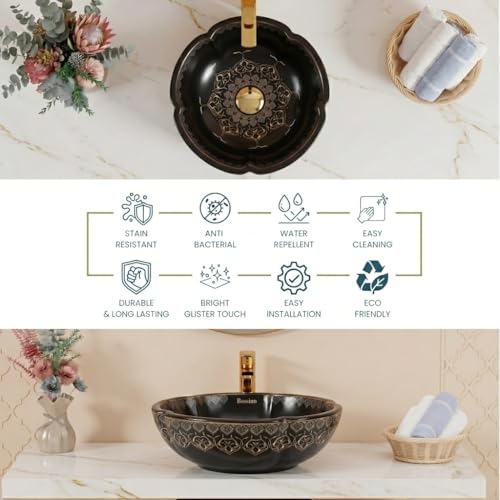 Image of BASSINO 16.5x16.5x5 Inches Moroccan Table Top Wash Basin /Matte Black Bowl Sink for Bathroom /Vanity sink /Handcrafted Flower Shape Countertop Washbasin for Office /Hotel(Matt)