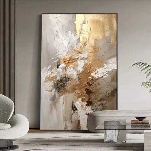 Peinture à l'huile sur toile abstraite pour salon : art mural doré 85x135 cm
