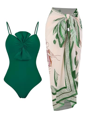 Womens One Piece Swimsuit with Cover Up Sarong Wrap Bathing Suits for Women Modest Swim Suits with Cover Up Set Retro Swimwear Slimming Two Piece Swimsuits Green Knot Large