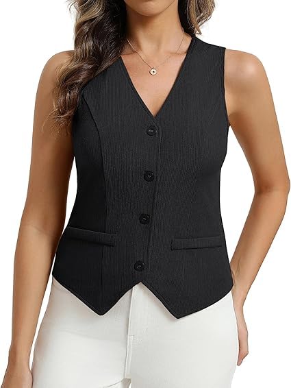 Belle Poque Weste Damen Sommer Ärmellos Reverskragen Einreihig Elegante Anzugweste mit Taschen Casual Anzugweste fürs Büro