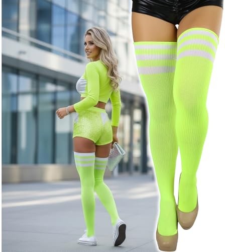 Image of ToBeInStyle Women's Heavyweight Knit Thigh High Long Socks w /Contrast 3 Stripe Top Band