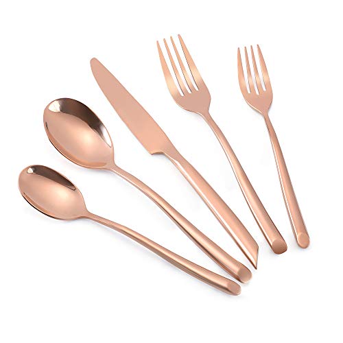 Kelenfer Flatware Stainless Steel 20 Piece Silverware Set Rose Gold Mirror Polished Cutlery Set with Wave Handle Wedding Gift