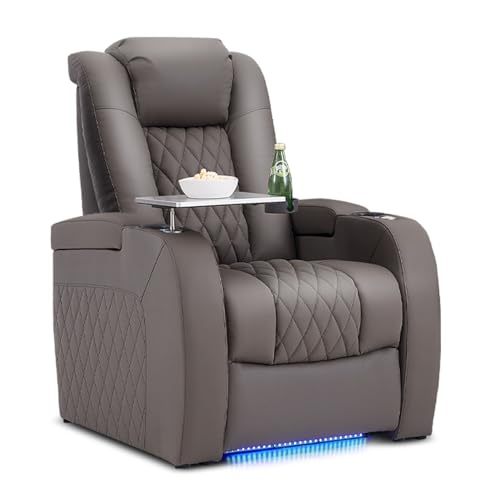 PBRO Home Theater Seating Genuine Leather Recliner Chair, Power Reclining & Headrest, USB A/C Charging Ports, Tray Table, Cup Holder Ambient Lighting Gray Row of 1