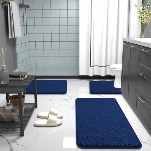 Image of OLANLY Thick Memory Foam Bath Mat Rug 30x18, Extra Soft Absorbent Bathroom Rug, Quick Dry Bath Mats, Non-Slip, Machine Washable Carpet for Bathroom, Tub and Shower, Home Decor Accessories, Navy