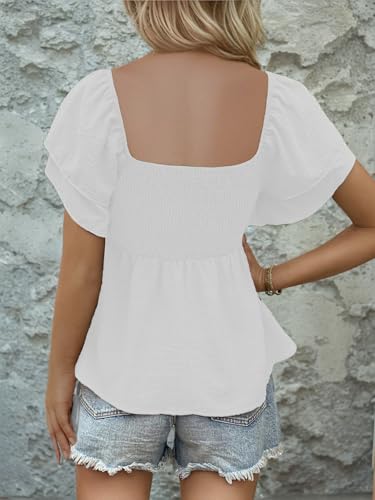 Womens Square Neck Ruffle Short Sleeve Peplum Tops Cute Smocked Babydoll Summer Blouses4