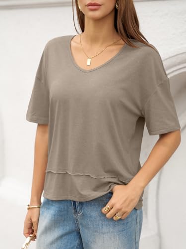 Image of UNCLECAT Womens V Neck T Shirts Summer Trendy Loose Fit Casual Tops Tees | Short sleeve, Spliced hem, Flowy graphic tees,Solid color cute basic t-shirts