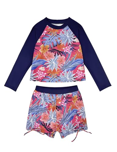 Image of Girls Swimsuit Long Sleeve Rash Guard Bathing Suit Two Piece Swimwear Swimming Tops and Ruched Shorts 4-13t