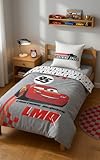 Parure de Lit Disney Cars Flash McQueen   Housse de Couette Réversible 140x200 cm et Taie d'oreiller 60x63 cm   100% Coton Premium   Certifiée Oeko Tex Standard 100   Gris et Rouge