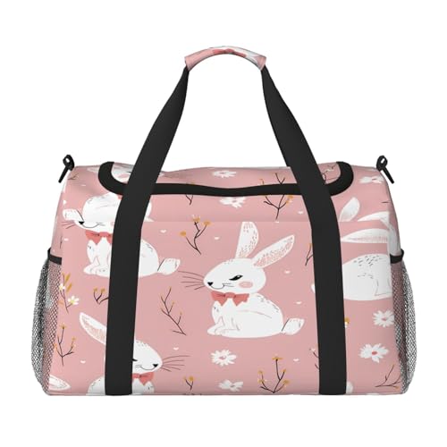 Duffle Bag Cute Pink White Rabbit Travel Duffel Bags for Men Women with Adjustable Strap Carry on Gym Bag Overnight Weekender Bag