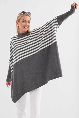 Image of Women's Crew Neck Batwing Sleeve Split Hem Oversized Knit Poncho Sweater