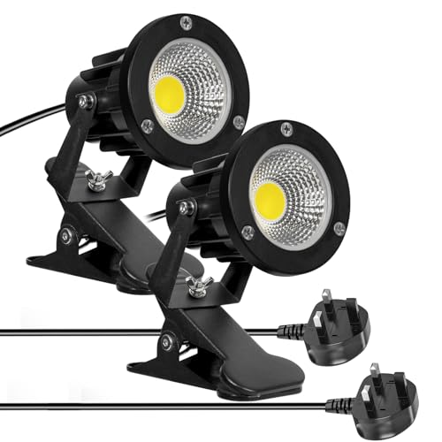 Milpoel COB LED Clip on Spot Lights, 7W, 3M Cord, IP65 Waterproof, for Indoor/Outdoor Pathway, Deck, Lawn, Patio, Walkway, Billboard (White Light, 2 Pack)