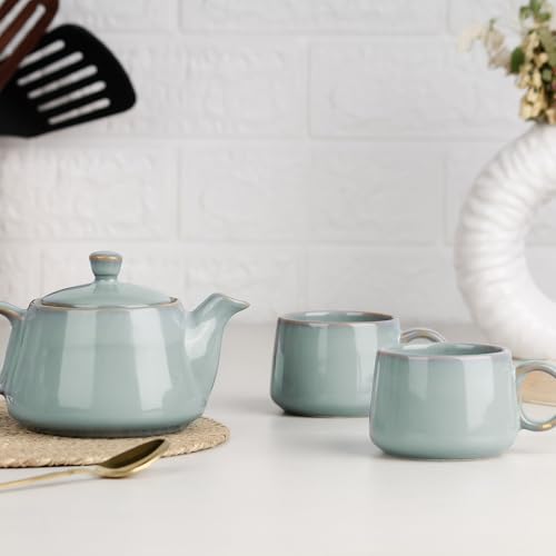 Image of The Earth Store Premium Grey Glaze Ceramic Morning Tea Set - 2 Tea Cups & 1 Kettle Microwave and Dishwasher Safe | Tea Cup with Kettle | Small Morning Set | Ideal for Gifting and Daily Use