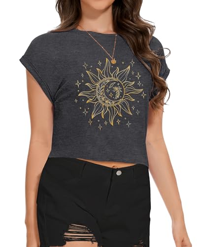 Image of Womens Crop Tops Summer Roll Cap Sleeve Cropped Tshirt Loose Fit Basic Tees