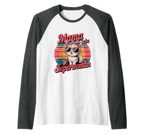 Retro Groovy Mama Superwoman Cat lover Cute Mother's Day Camiseta Manga Raglan