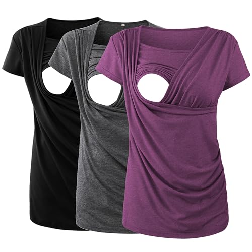 Image of Ecavus 3PCS Women's Maternity Nursing Tops for Breastfeeding Short Sleeve Side Ruched Nursing Shirts