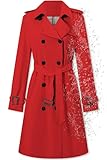 Women's Long Trench Coat Waterproof Double-Breasted Classic Windbreaker Lapel Dress Outerwear with Belt, Red, XS