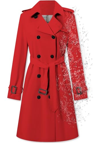 Betusline Women's Long Trench Coat Waterproof Double-Breasted Classic Windbreaker Lapel Dress Outerwear with Belt, Red, XS