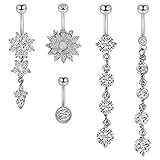 CrazyPiercing Dangle Belly Button Rings Surgical Stainless Steel for Women Girls 5 PCS Set (Silver)