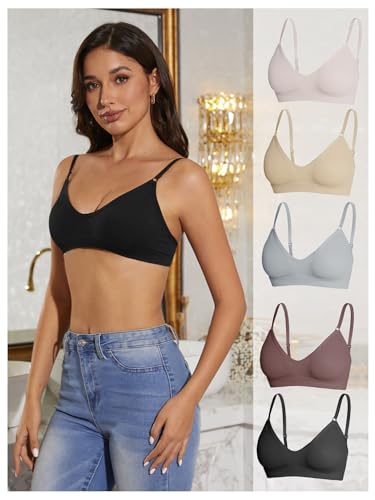 OYOANGLE Women's 5 Pieces Rib Knit Spaghetti Strap V Neck Wireless Bra Set Seamless Solid Plain No Padded Bralette3