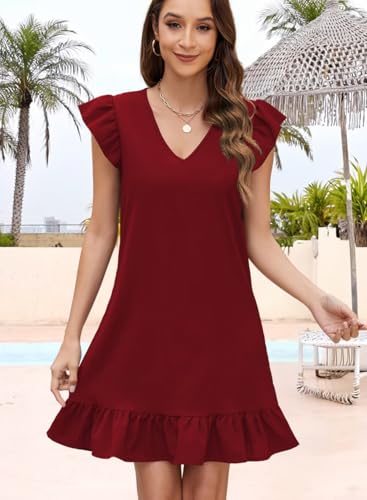 Image of QACOHU Spring Summer Dresses for Women 2026 V Neck Cap Sleeve Ruffle Hem Smock Short Casual Beach Dress