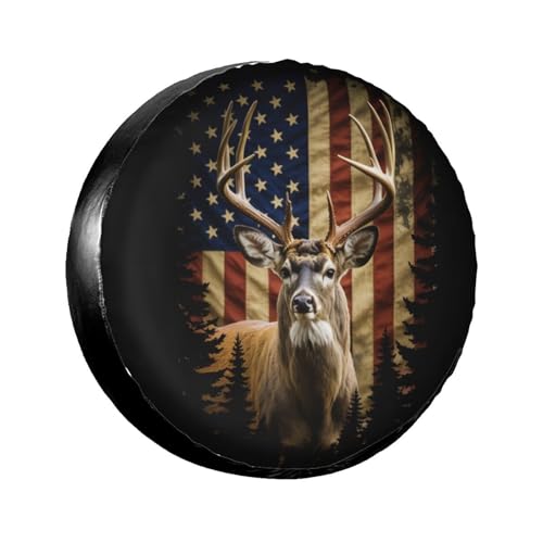 AKMCBSH Deer American Flag Spare Tire Cover Wheel Protector Universal Fit for 15 Inch Tires for RV SUV Truck Camper Travel Trailer