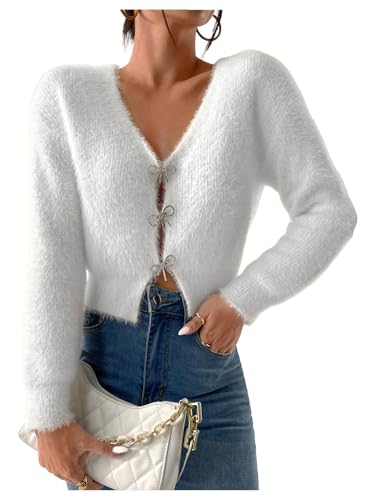 Verdusa Women's Fuzzy Cut Out Cardigan Going Out Rhinestone Bow V Neck Cropped Sweaters
