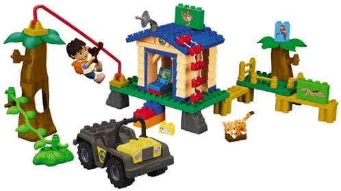 Mega Bloks Diego's Animal Rescue Center box art showing Diego, Baby Jaguar, vehicles, and rescue center components.