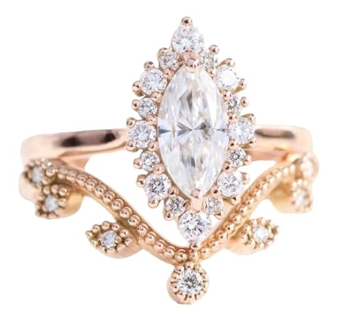 Silverjewel 2 Ct Marquise Cut Diamond Floral Bridal Ring Set Nature Inspire Womens Tiara Engagement Ring Set 14K Rose Gold Finish 925 Sterling Silver Handmade Stacking Matching Ring Set Gift For Her