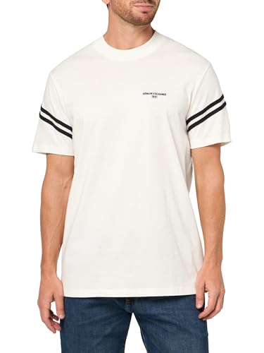 Armani Exchange Men's Striped Sleeve Side Logo Round Collar T-Shirt Off White L, Off White, L