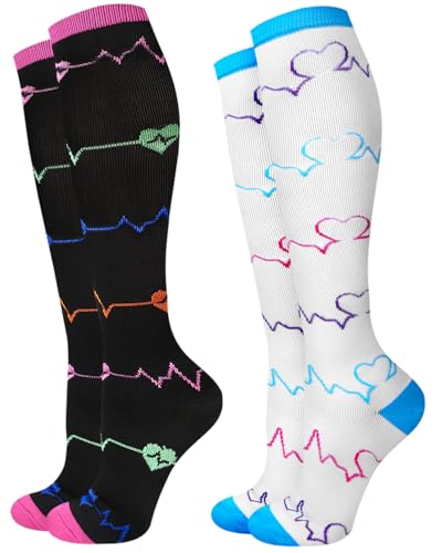 Discover the Best Nurse Compression Socks for Comfort & Support 13 JMHACHY 2Packs Compression Socks for Women - 15-20 mmHg Graduated Support for Circulation, Knee High for Nurses, Athletes, Travel, BW Heartbeat, S/M