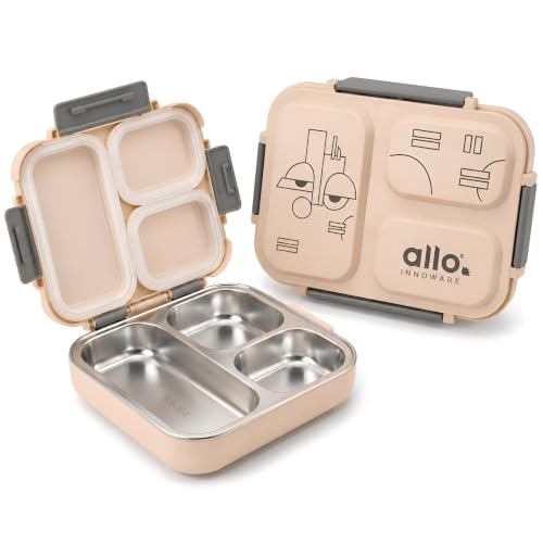 Image of Allo Bento Stainless Steel Lunch Box for Adult- BIS Approved, 304 Stainless Steel 3 Compartment Leakproof Tiffin Box for Boys and Girls for School, Travelling, Office, 740ml Beige