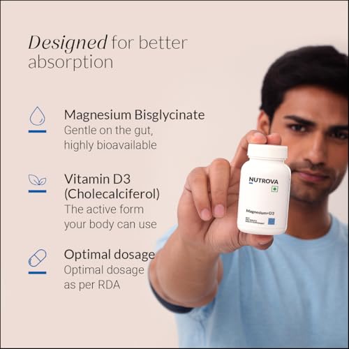 Image of Nutrova Magnesium+D3 | With Magnesium Bisglycinate & Vitamin D3 | Supports Better Sleep, Mood, Energy & Muscle Recovery | High Absorption Formula | Gentle on Stomach | 60 Veg Tablets (Pack of 1)