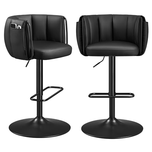 SONGMICS Home 360° Swivel Bar Stools Set of 2, Height Adjustable Barstools with Curved Back, Upholstered Counter Bar Stools with Footrest, Large Base, for Kitchen Island, Modern, Ink Black ULJB103B01