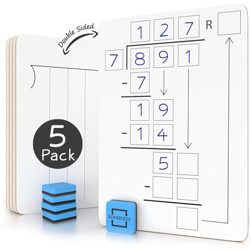 SCRIBBLEDO 5 Pack Dry Erase Division White Boards 9x12Inch Lapboard Double Sided Math Manipulatives Long Division Practice Lapboards for Kids Students, Classroom and Home 5 Whiteboard Erasers Included