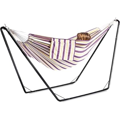 GAFETE Double Hammock with Stand for Outside, Stable V-Shape Space Saving Steel Stand 2 Person, Comfortable Pillow & Convenient Side Pocket, Indoor & Outdoor, Max 450 lbs Capacity (Purple)