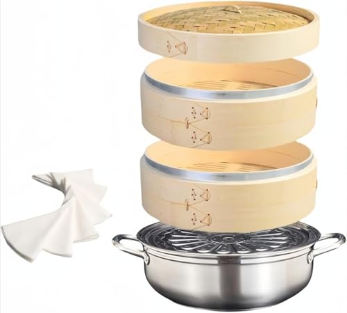 蒸し器・せいろ 中華蒸篭 天然竹製 多用途 IH対応 鍋つき蒸篭2段(本体2個蓋1個)セット 業務用 せいろ蒸し器 餃子 饅頭 点心 中華料理専用 シ蒸器 満菜 深型 兼用鍋 調理器具 (28 cmスープ鍋 26cm竹蒸し器2層1蓋)
