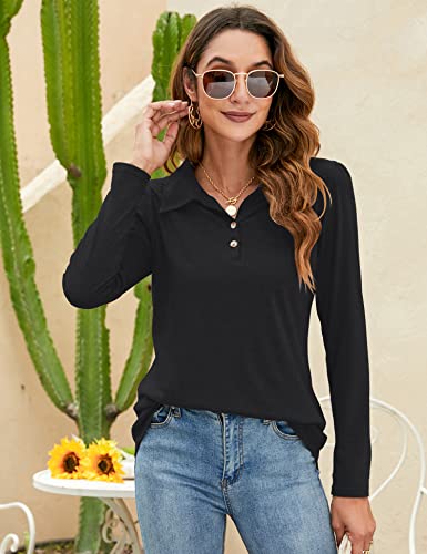 LOMON Womens Polo Shirts Button Down Collared Long Sleeve Tops V Neck Loose Blouses3