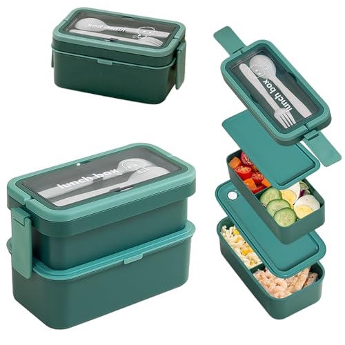 Echehi Fiambrera 2 capas, compartimentos, apilable, gran capacidad 950+550 ml, cubiertos y asa oculta, verde