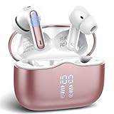 Wireless Earbuds, 2025 Bluetooth 5.4 Headphones in Ear with Stereo Deep Bass, 40H Bluetooth Ear Buds with 4 ENC Noise Cancelling Mics, IP7 Waterproof Earphones Hands-Free Calls LED Display Gold Pink
