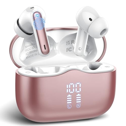 Wireless Earbuds, 2025 Bluetooth 5.4 Headphones in Ear with Stereo Deep Bass, 40H Bluetooth Ear Buds with 4 ENC Noise Cancelling Mics, IP7 Waterproof Earphones Hands-Free Calls LED Display Gold Pink