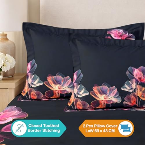 Image of Cloth Fusion Glace Cotton Super King Size Flat Bedsheet 108 x 108 Inch with 2 Pillow Covers (Blossom Aura)