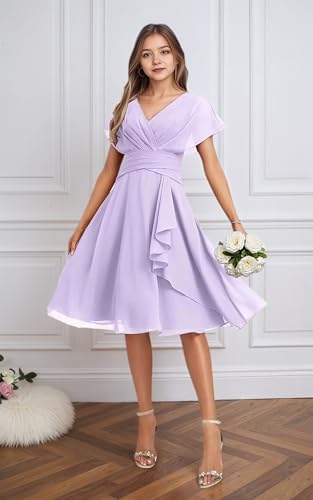V Neck Junior Bridesmaid Dresses Short A Line Chiffon Flower Girl Dress for Wedding Guest Party Gown3