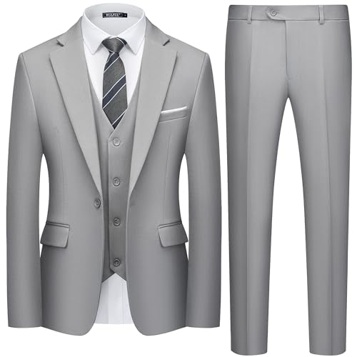 WULFUL Men's 3 Piece Slim Fit Suit Set One Button Blazer Jacket Pants Tuxedo Set Light Gray