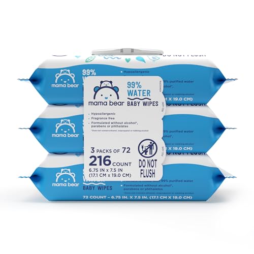 Image of Amazon Brand - Mama Bear 99% Water Baby Wipes, Hypoallergenic, Fragrance Free, 216 Count Total (3 Packs of 72 Wipes Each)
