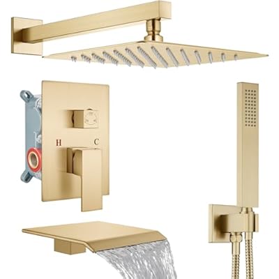 Midanya Rain Shower System Tub Shower Faucet Set Square Rainfall Head with Handheld Sprayer and Waterfall Tub Spout Rough-in Valve Included,10 Inch Brushed Gold