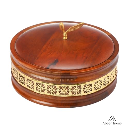 Image of Handcrafted Premium Wooden Roti Casserole, Roti Box, Chapati Box, Hotpot roti Box with Gold Leaf Knob with Lid (9x9x4 Inch)