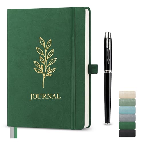 Image of Traimber-seven A5 Lined Journal Notebook, Hardcover Vegan Leather Notebook with Gold Olive Leaf Embossing, 192 Pages 100gsm FSC Paper, Elastic Closure & Pen Holder (Forest Green)