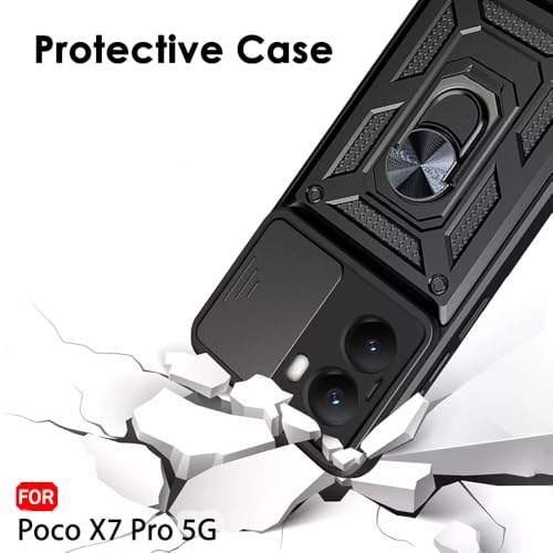 Image of TheGiftKart Tough Armor Bumper Back Cover Case for Mi Poco X7 Pro 5G | Sliding Camera Cover, Kickstand & Ring Holder | 360 Degree Protection Back Cover Case for Poco X7 Pro 5G (PC & TPU, Black)